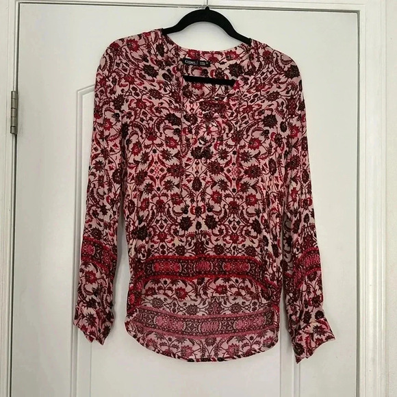 Revolve Gypsy Global Village Floral Lace Up Top Blouse in Red Ivory Sz XS - Picture 2 of 10